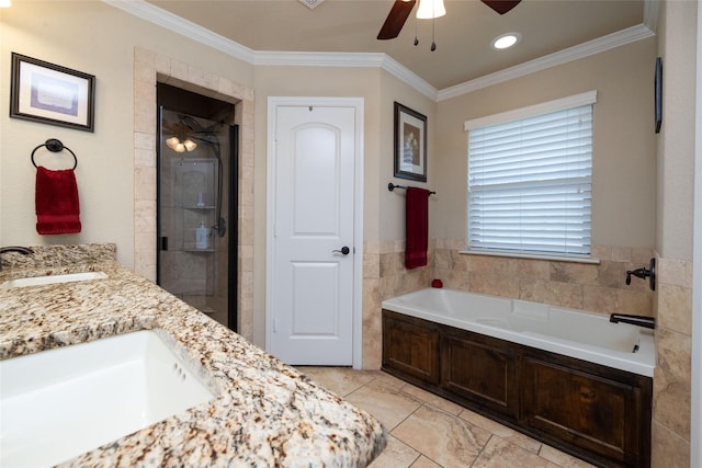 bathroom featuring crown molding, a garden tub, ceiling fan, a shower stall, and a sink