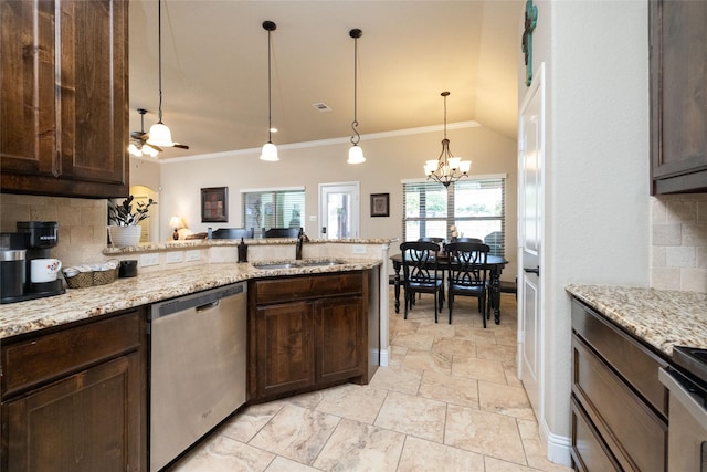 kitchen featuring a sink, tasteful backsplash, dark brown cabinets, and dishwasher