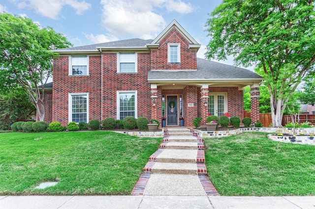 view of front of home with brick siding, roof with shingles, fence, and a front yard