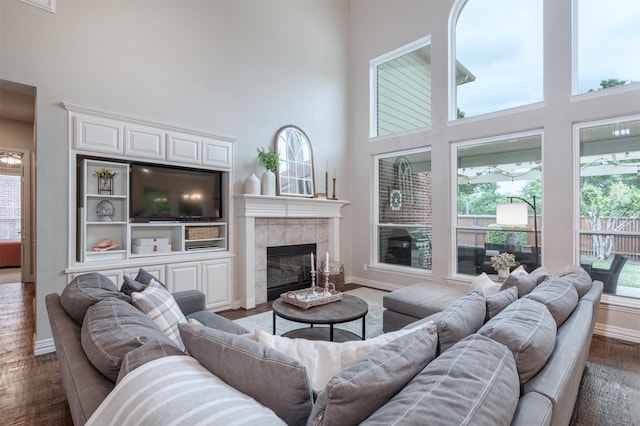 living area with baseboards, wood finished floors, and a towering ceiling