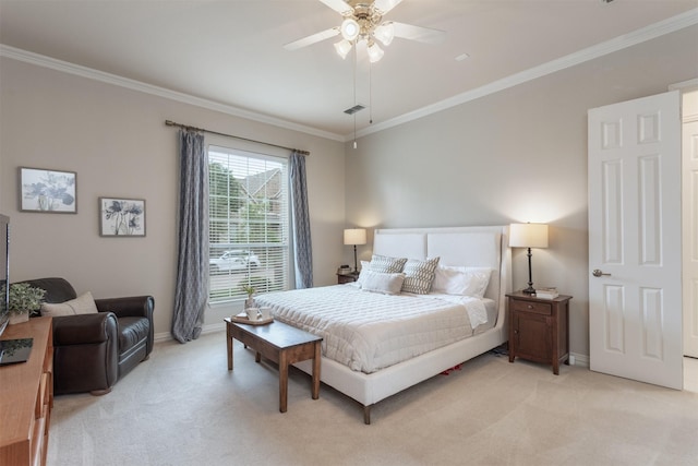 bedroom with ceiling fan, light colored carpet, baseboards, visible vents, and ornamental molding