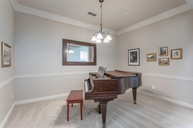 living area with crown molding, baseboards, carpet flooring, and visible vents