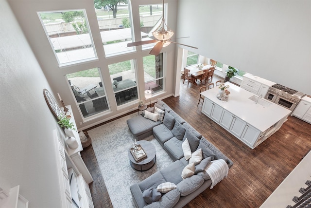 living area with a ceiling fan, a high ceiling, a wealth of natural light, and dark wood-style floors