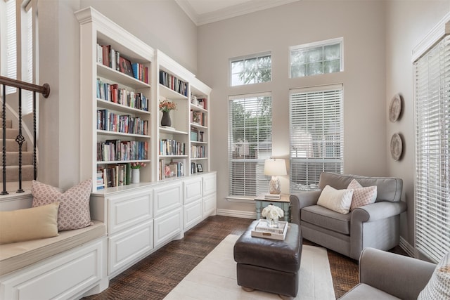 living area featuring baseboards and ornamental molding