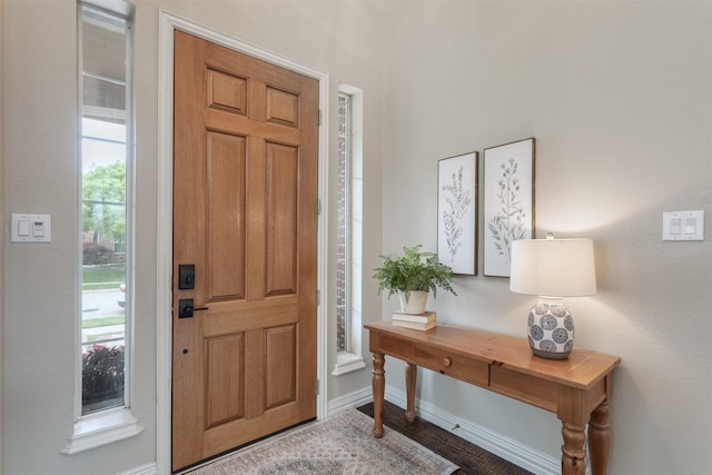 foyer entrance featuring baseboards and wood finished floors