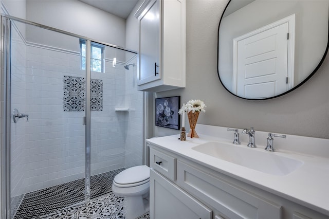 full bath with vanity, tile patterned flooring, a stall shower, and toilet