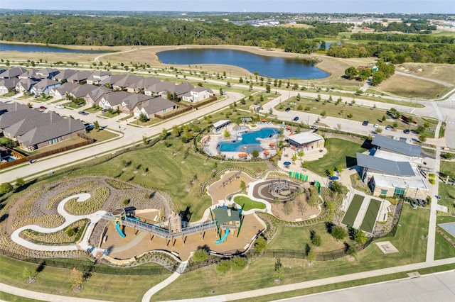 birds eye view of property featuring a water view