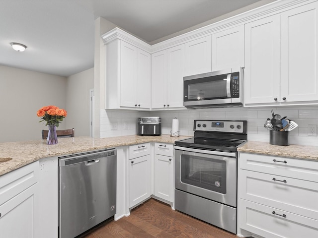 kitchen with white cabinetry, light stone counters, dark wood finished floors, backsplash, and stainless steel appliances