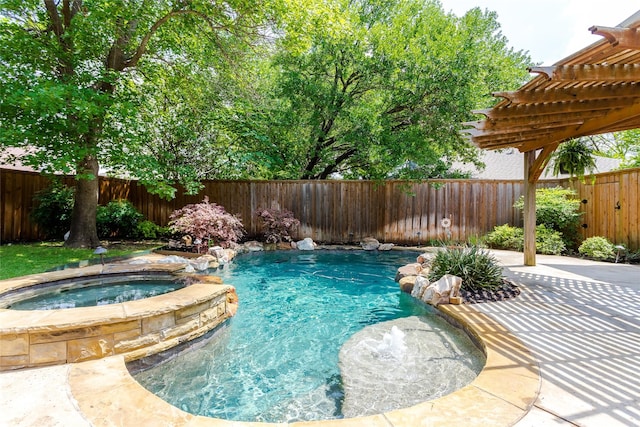 3813 Parkmont Dr, Plano, TX 75023 - view of swimming pool featuring a patio area, a pool with connected hot tub, a pergola, and a fenced backyard