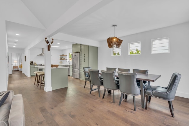 dining area with recessed lighting, dark wood-style flooring, and baseboards