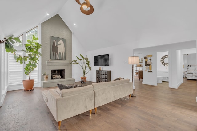 living room featuring baseboards, high vaulted ceiling, wood finished floors, and a fireplace