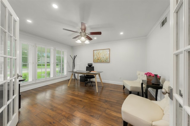 office space with visible vents, crown molding, hardwood / wood-style floors, french doors, and a ceiling fan