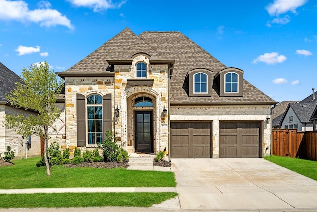 french country home with driveway, roof with shingles, fence, a front lawn, and stone siding