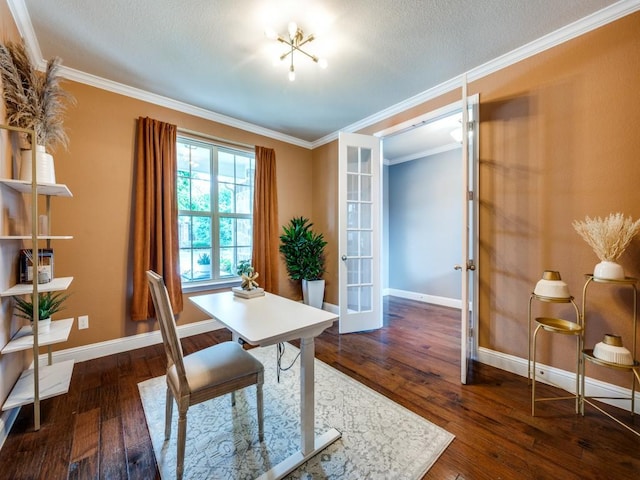office area with french doors, ornamental molding, baseboards, and hardwood / wood-style flooring