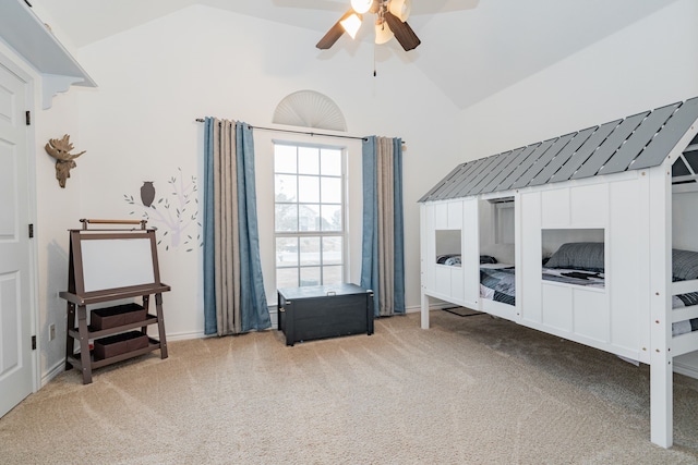 543 Islet Dr, Runaway Bay, TX 76426 - carpeted bedroom with high vaulted ceiling and ceiling fan