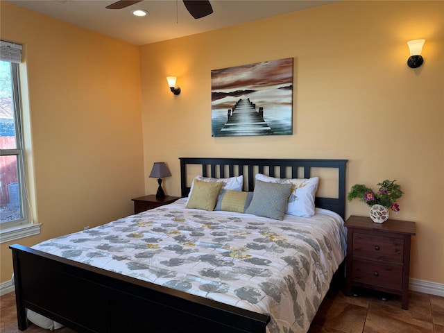 tiled bedroom with recessed lighting, baseboards, and a ceiling fan