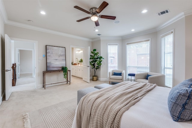 bedroom with baseboards, multiple windows, light carpet, and visible vents