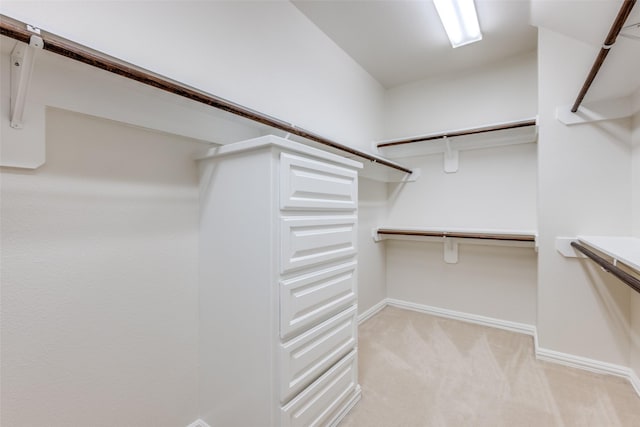 walk in closet with light carpet