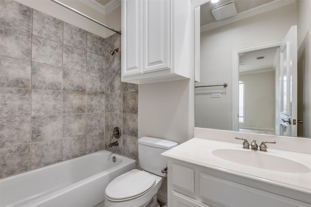 full bath featuring crown molding, vanity, visible vents, toilet, and shower / washtub combination