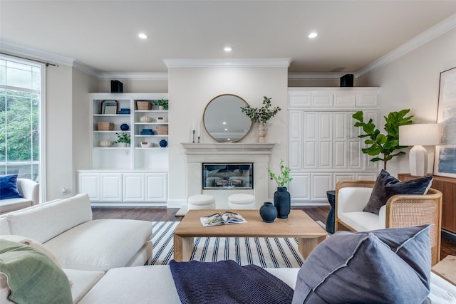 living room featuring crown molding, recessed lighting, wood finished floors, and a premium fireplace