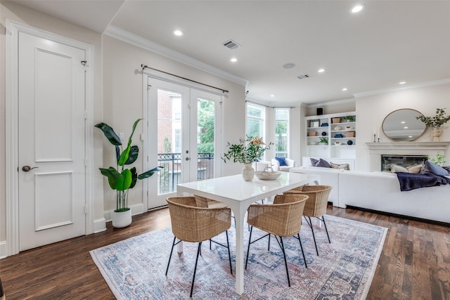 dining area featuring ornamental molding, french doors, recessed lighting, and visible vents