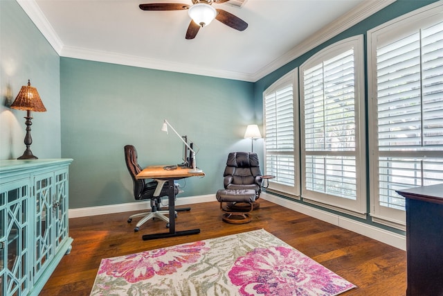 office space with plenty of natural light, ornamental molding, ceiling fan, and wood finished floors