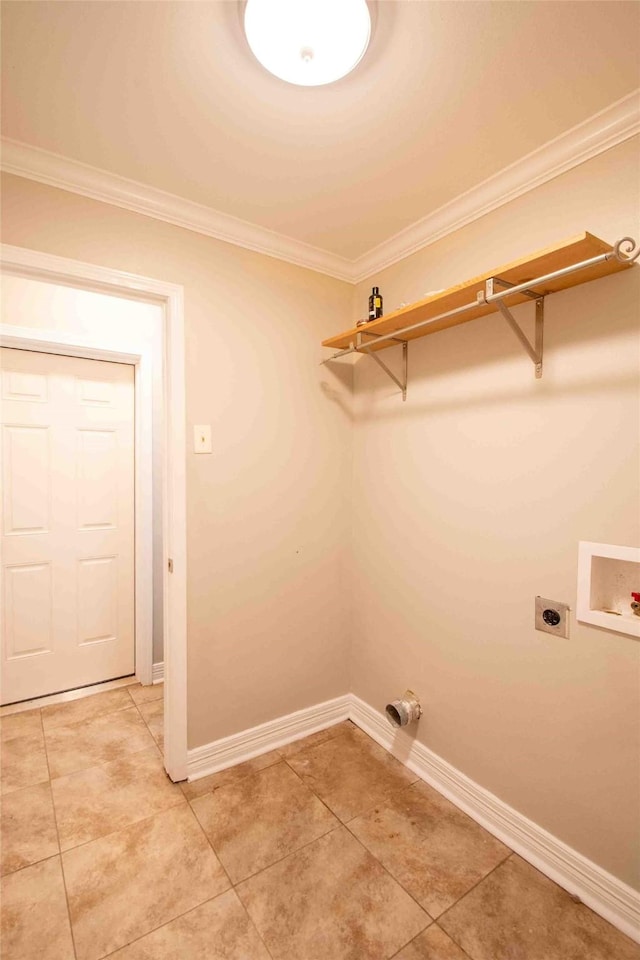 clothes washing area featuring crown molding, laundry area, washer hookup, light tile patterned floors, and hookup for an electric dryer