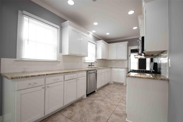 kitchen featuring decorative backsplash, stainless steel dishwasher, light stone countertops, white cabinets, and ornamental molding