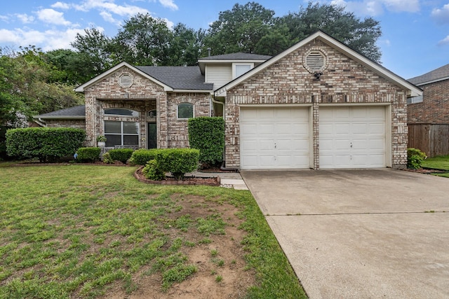 view of front of property featuring a shingled roof, a front lawn, brick siding, a garage, and driveway