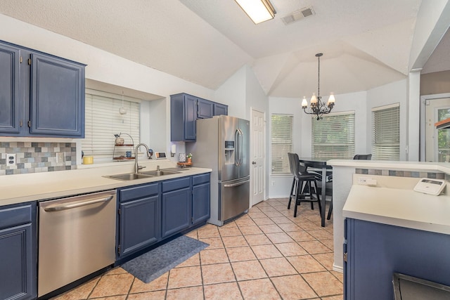 kitchen featuring a sink, a chandelier, stainless steel appliances, lofted ceiling, and blue cabinets