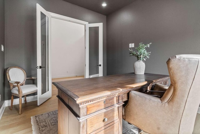 14336 Capridge Rd, Fort Worth, TX 76008 - office area featuring light wood-style flooring, baseboards, recessed lighting, french doors, and a sink