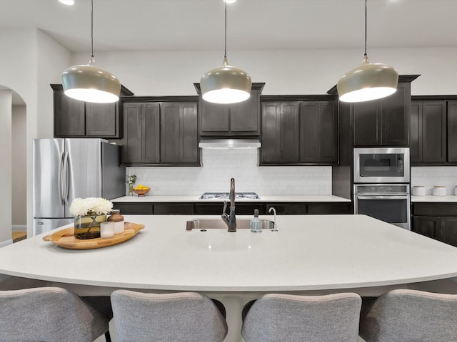 kitchen featuring stainless steel appliances, hanging light fixtures, decorative backsplash, and an island with sink