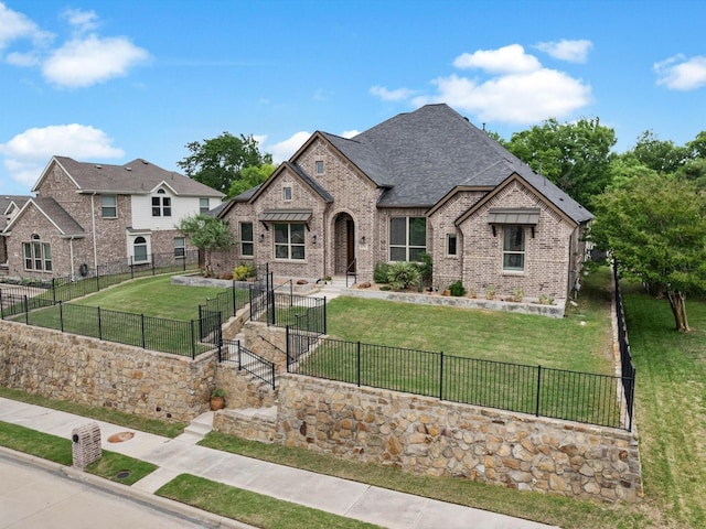 french country inspired facade featuring brick siding, a fenced front yard, roof with shingles, and a front lawn