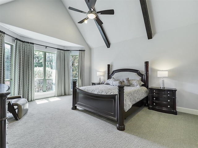 12643 Canyon Oaks Dr, Frisco, TX 75033 - bedroom with carpet floors, high vaulted ceiling, beam ceiling, baseboards, and ceiling fan