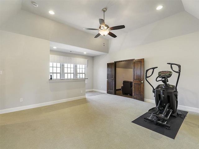 12643 Canyon Oaks Dr, Frisco, TX 75033 - exercise room featuring ceiling fan, carpet floors, lofted ceiling, baseboards, and recessed lighting