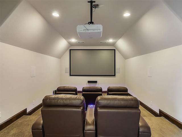 carpeted cinema room with baseboards, recessed lighting, and vaulted ceiling
