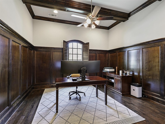 office space featuring crown molding, visible vents, and wood finished floors