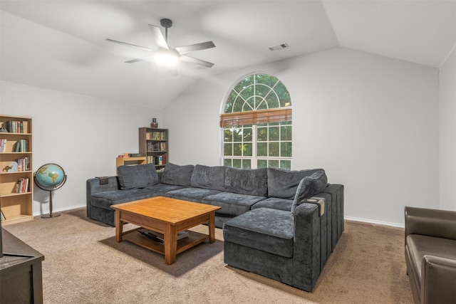 living room with visible vents, carpet, a ceiling fan, and lofted ceiling