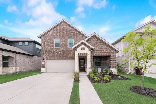 traditional home featuring an attached garage, a front lawn, brick siding, and concrete driveway