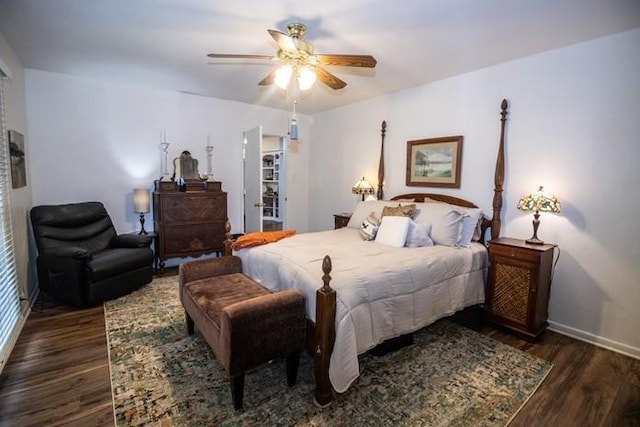 bedroom with baseboards, a ceiling fan, and wood finished floors