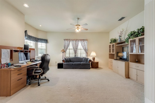 office space with light colored carpet, a ceiling fan, visible vents, and recessed lighting