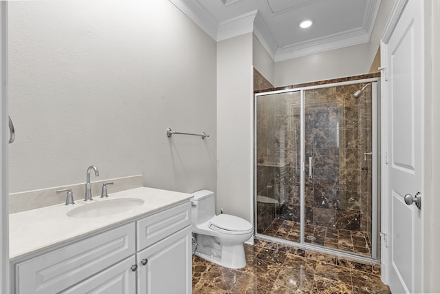 bathroom with crown molding, vanity, marble finish floor, toilet, and a shower stall