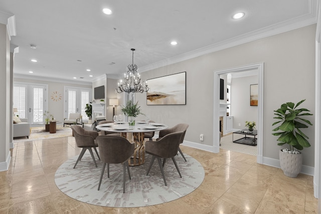 dining area featuring crown molding, recessed lighting, and baseboards