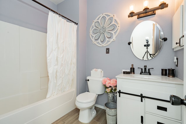 bathroom featuring vanity, toilet, shower / bath combination with curtain, baseboards, and wood finished floors