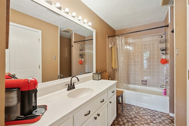 full bathroom with vanity, a textured ceiling, tile patterned floors, shower / bathtub combination with curtain, and visible vents