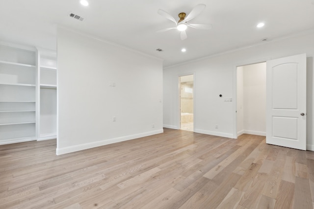 interior space with crown molding, visible vents, ceiling fan, recessed lighting, and light wood finished floors