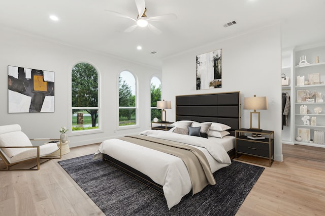 5309 Settlement Way, Mckinney, TX 75070 - bedroom with ornamental molding, recessed lighting, wood finished floors, and ceiling fan