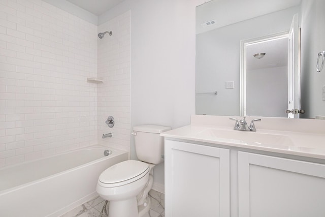 bathroom with visible vents, baseboards, vanity, toilet, and tub / shower combination