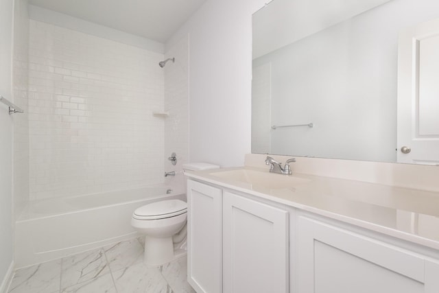full bath with vanity, shower / bathtub combination, toilet, and marble finish floor