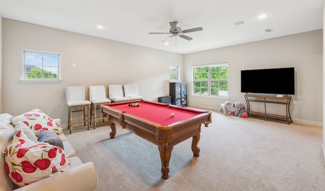 game room featuring billiards, a ceiling fan, carpet flooring, baseboards, and recessed lighting